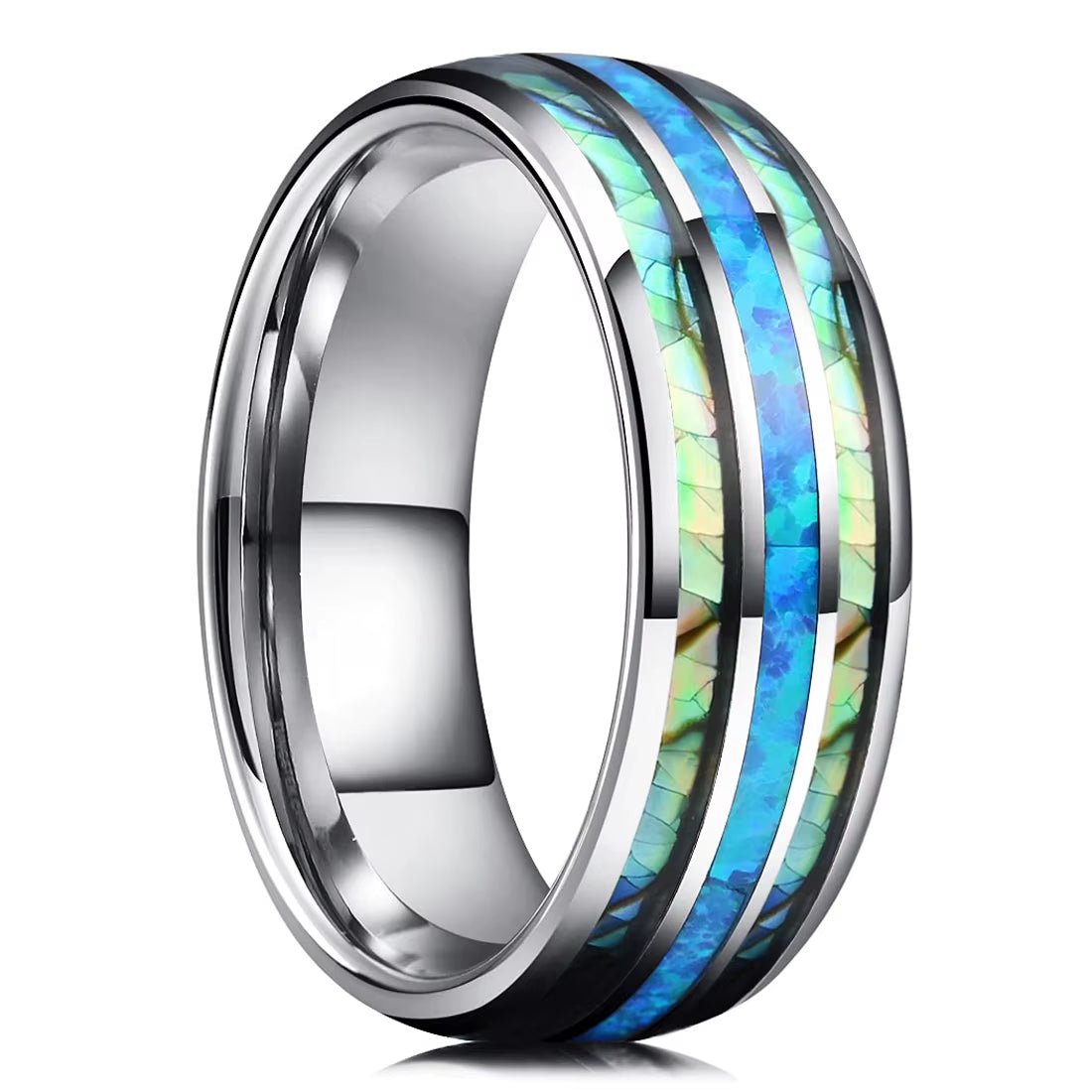 Fashion 8Mm Men Stainless Steel Rings Inlay Meteorite Abalone Shell Rings for Men Women Wedding Engagement Band Jewelry Gift