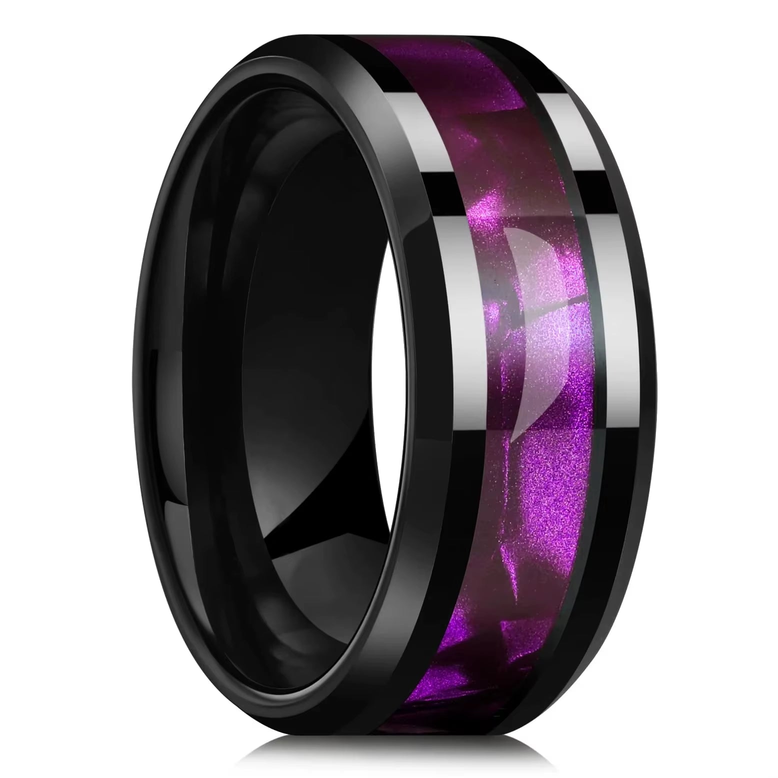 Fashion 8Mm Men Stainless Steel Rings Inlay Meteorite Abalone Shell Rings for Men Women Wedding Engagement Band Jewelry Gift
